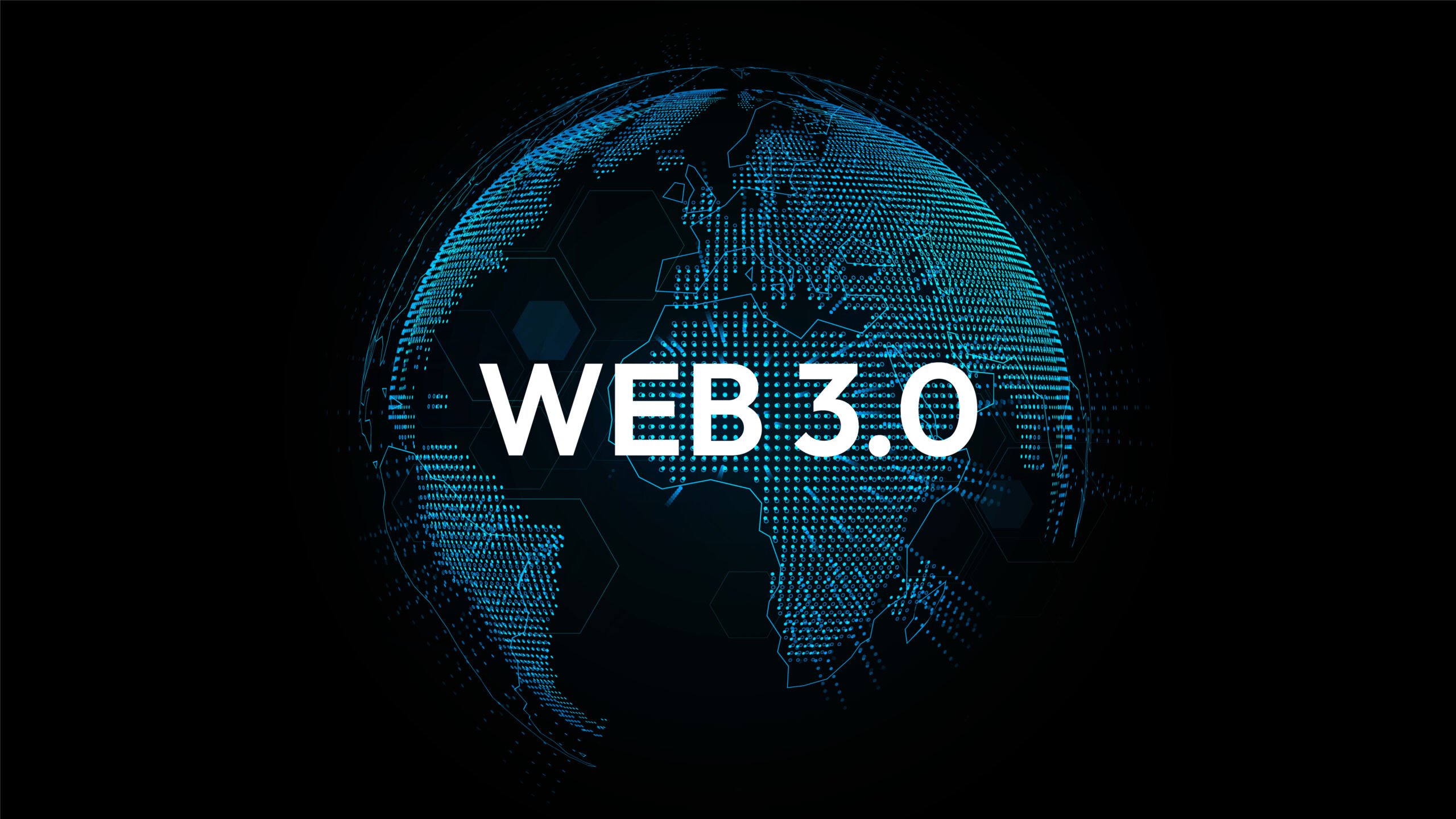 Digital image of the Earth with a dark background, overlaid with a network of glowing blue lines and dots representing Web3.0 technology, symbolizing the decentralized web.