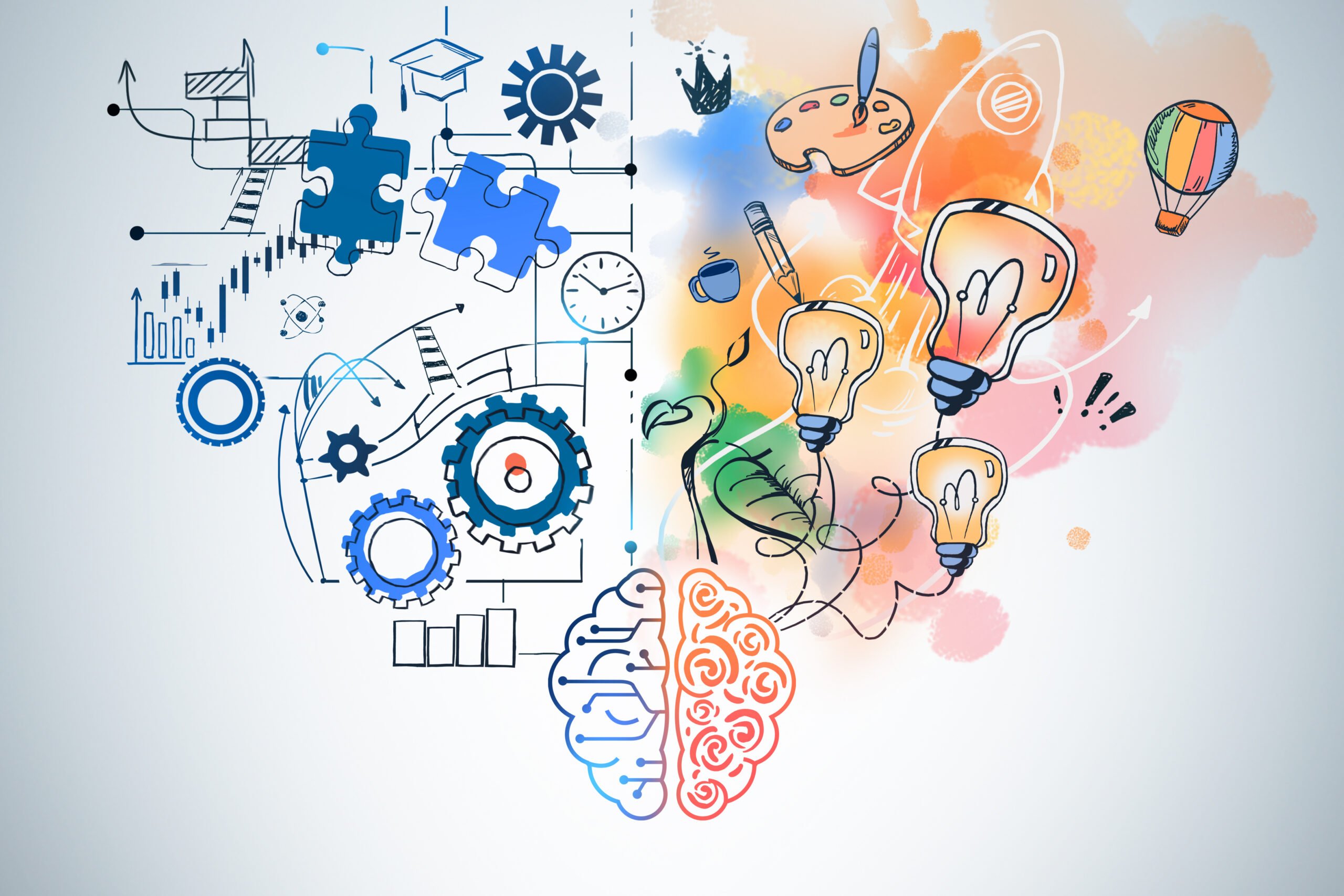 Illustration depicting the integration of art and science in marketing, with creative elements merging with data analytics.