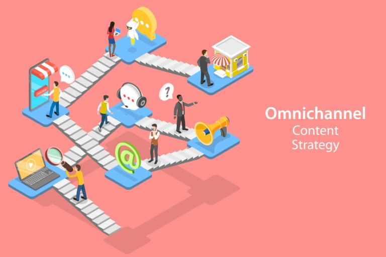 A diverse group of people interacting with various marketing channels like email, social media, and direct mail, symbolizing the interconnectedness of omnichannel marketing.